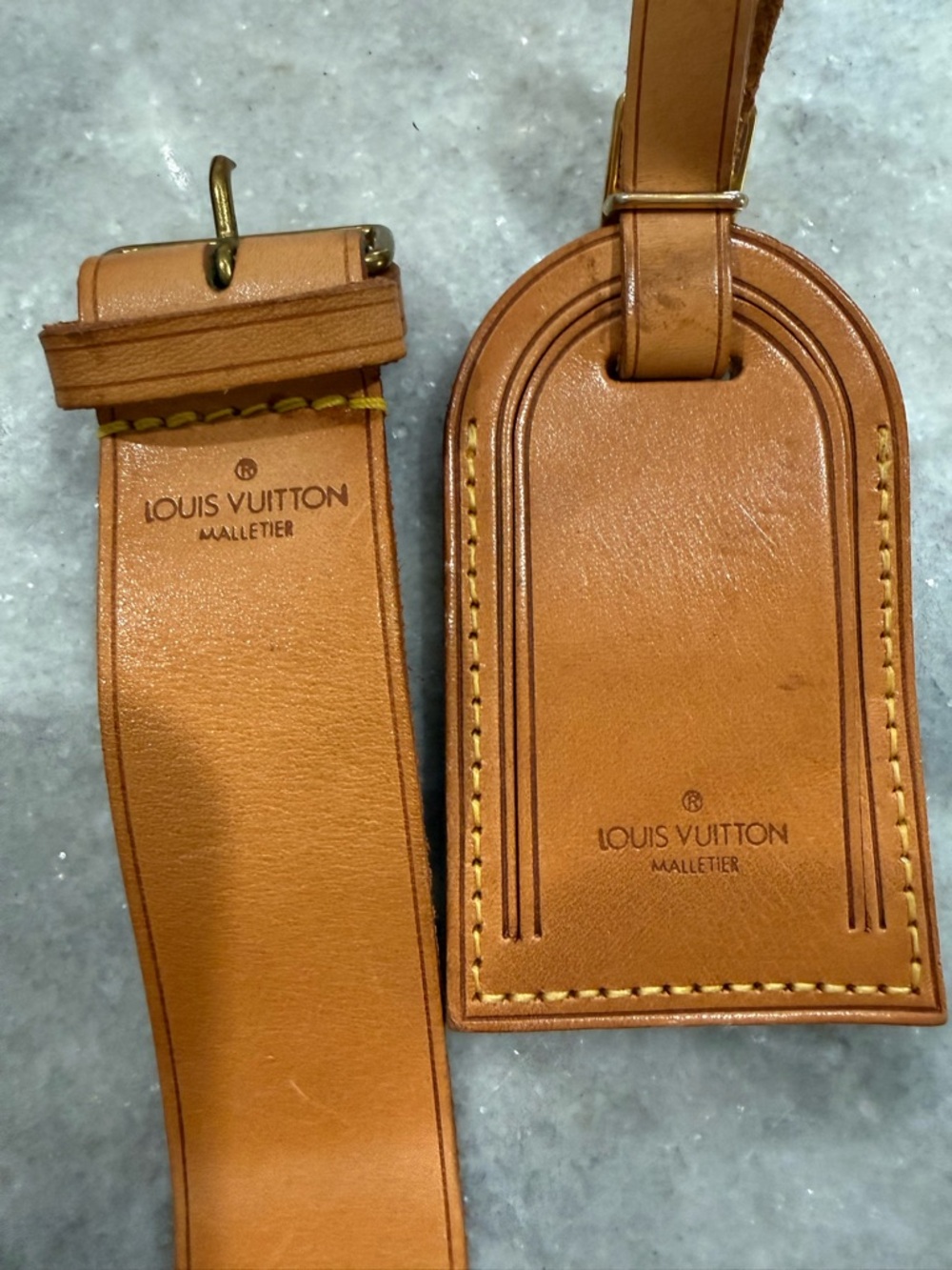 Louis Vuitton Tan Leather Luggage Tag and Poignet. Preloved.